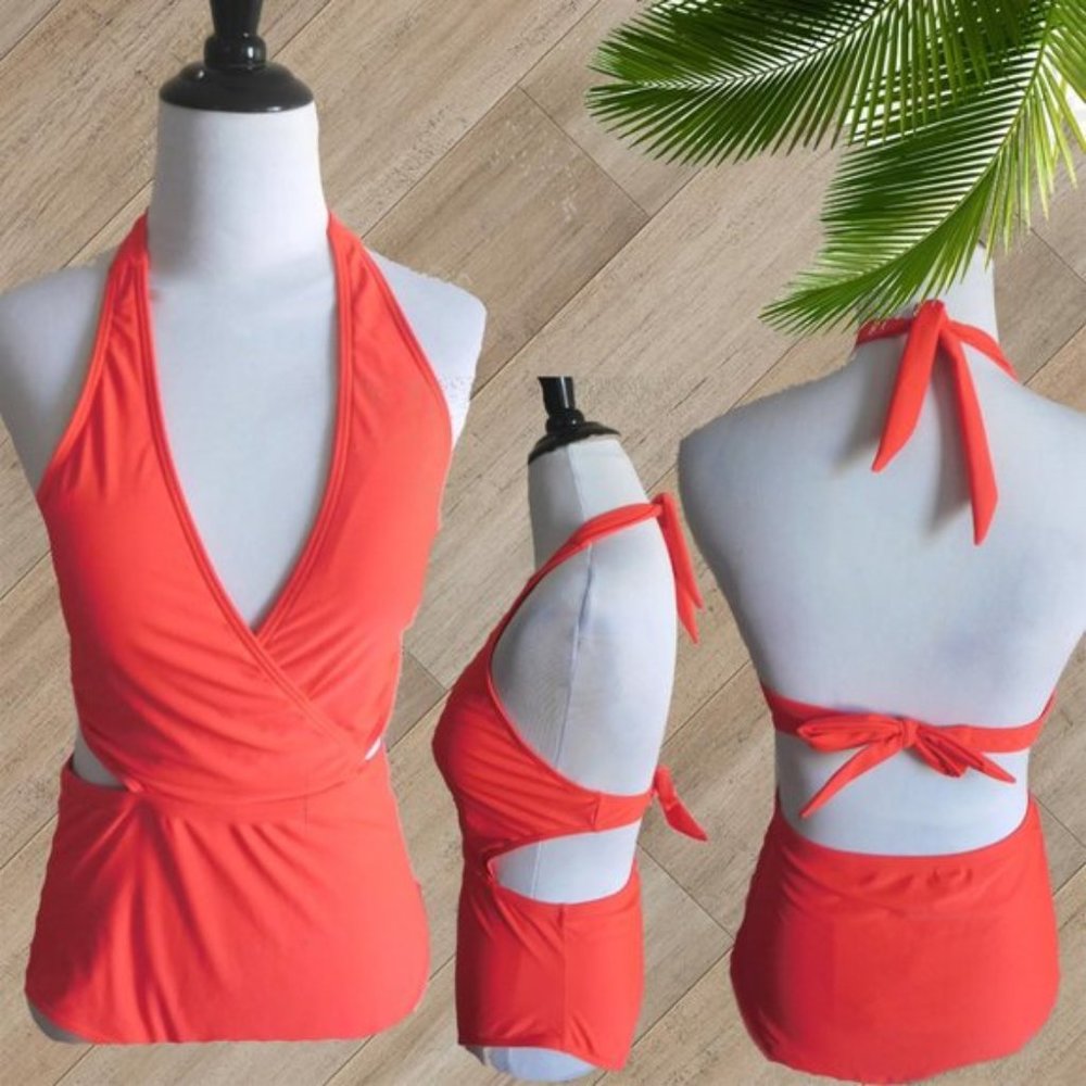 RED/ORANGE HALTER  CUT OUT ONE PIECE SWIMSUIT